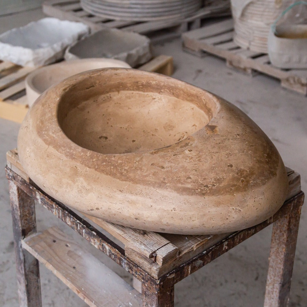 Noce Travertine Natural Stone Kayak Design Vessel Sink Honed and Filled (W)16