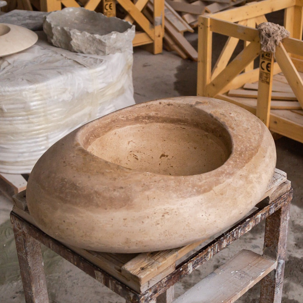 Noce Travertine Natural Stone Kayak Design Vessel Sink Honed and Filled (W)16