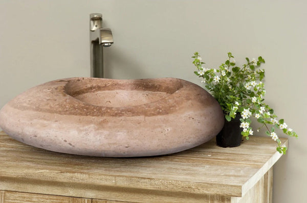 Noce Travertine Natural Stone Kayak Design Vessel Sink Honed and Filled (W)16