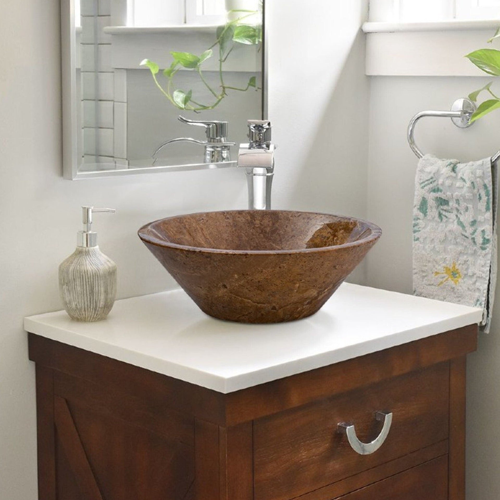 Noce Brown Travertine Powder Room Above Vanity V-Shape Tapered Sink (D)16