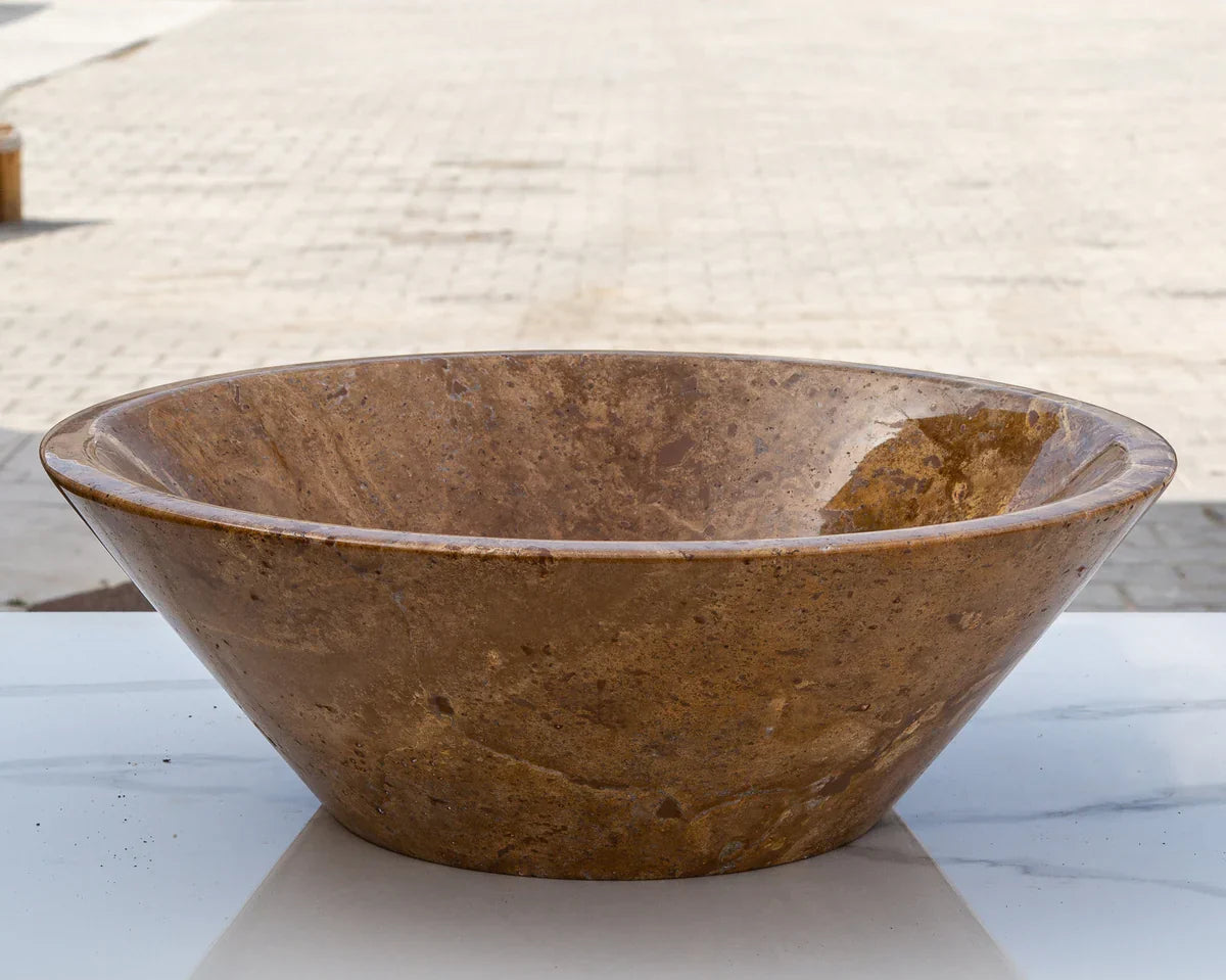 Noce Brown Travertine Powder Room Above Vanity V-Shape Tapered Sink (D)16