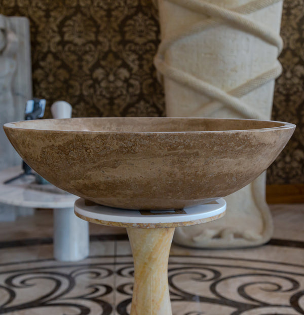 Noce Brown Travertine Natural Stone Oval Vessel Sink (W)16
