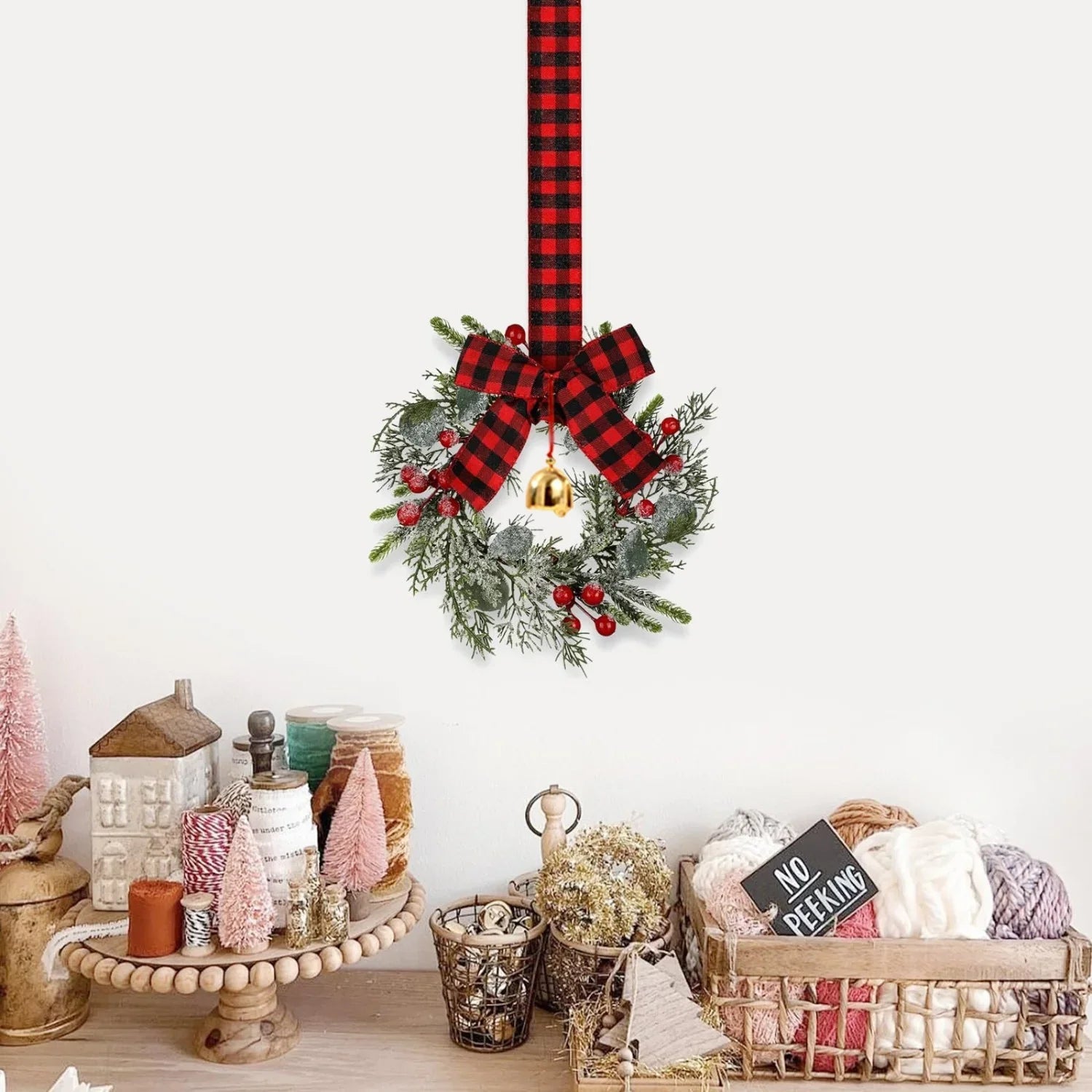 Norfolk Pine 9-Inch Mini Christmas Wreath Set with Red Berries & Plaid Bow