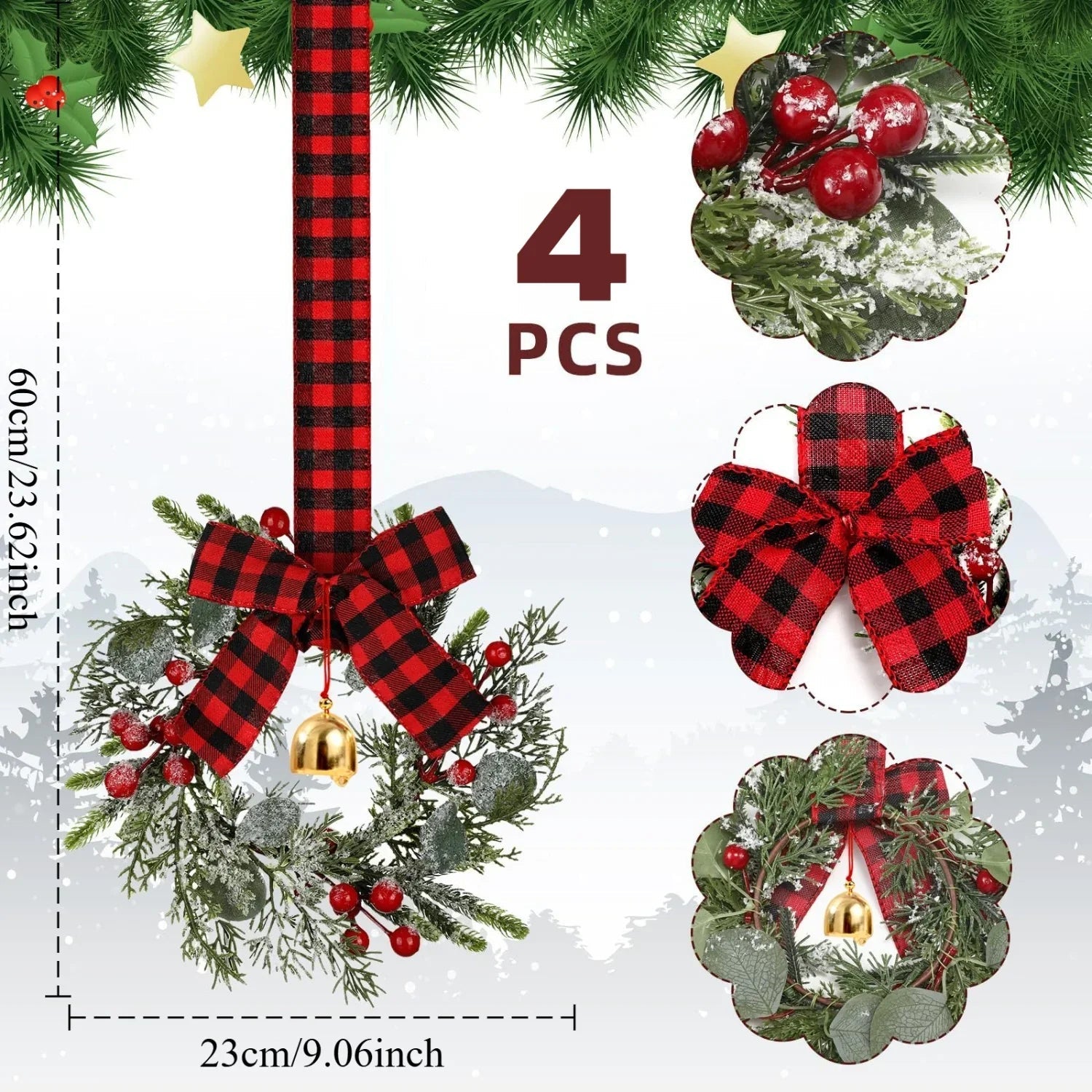 Norfolk Pine 9-Inch Mini Christmas Wreath Set with Red Berries & Plaid Bow