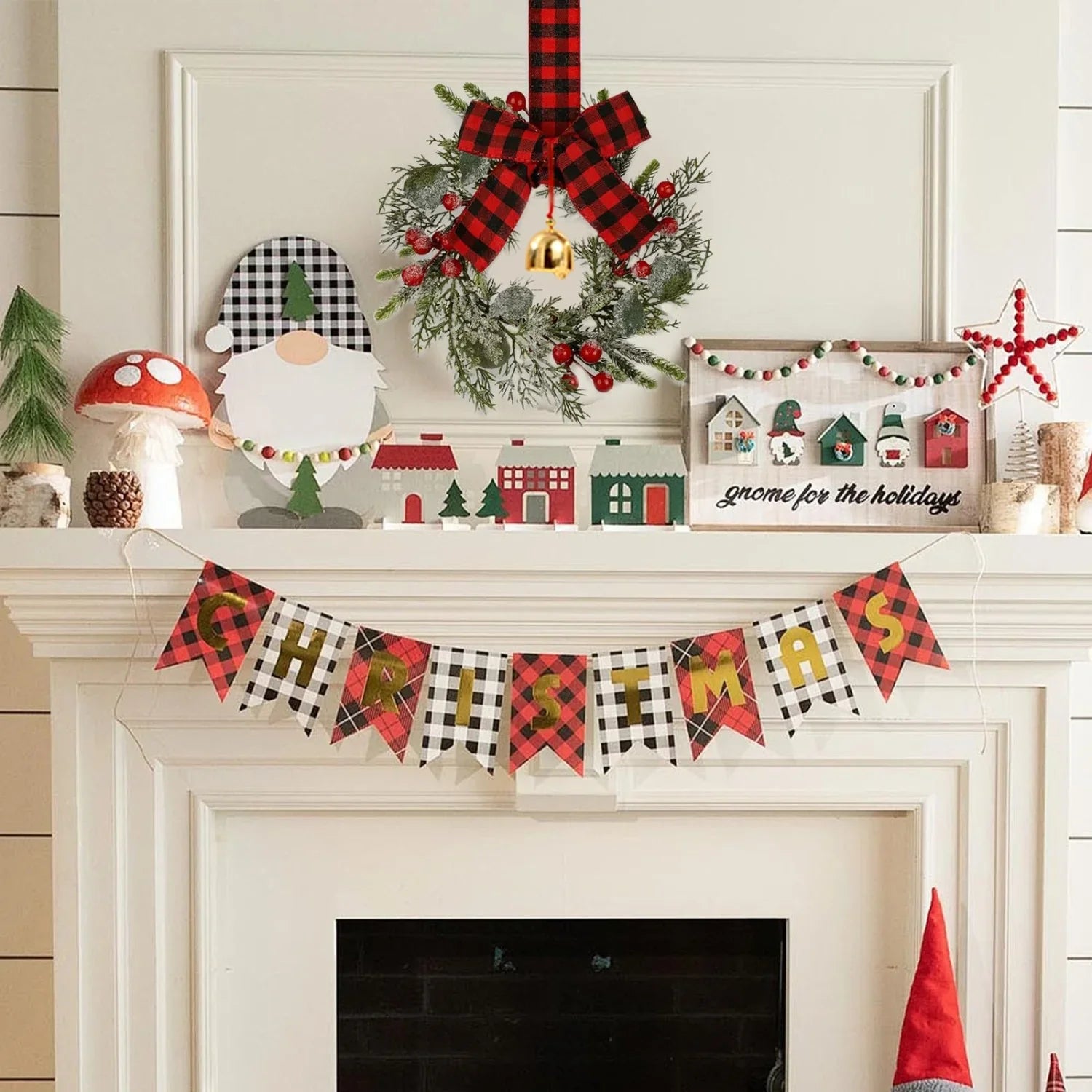 Norfolk Pine 9-Inch Mini Christmas Wreath Set with Red Berries & Plaid Bow