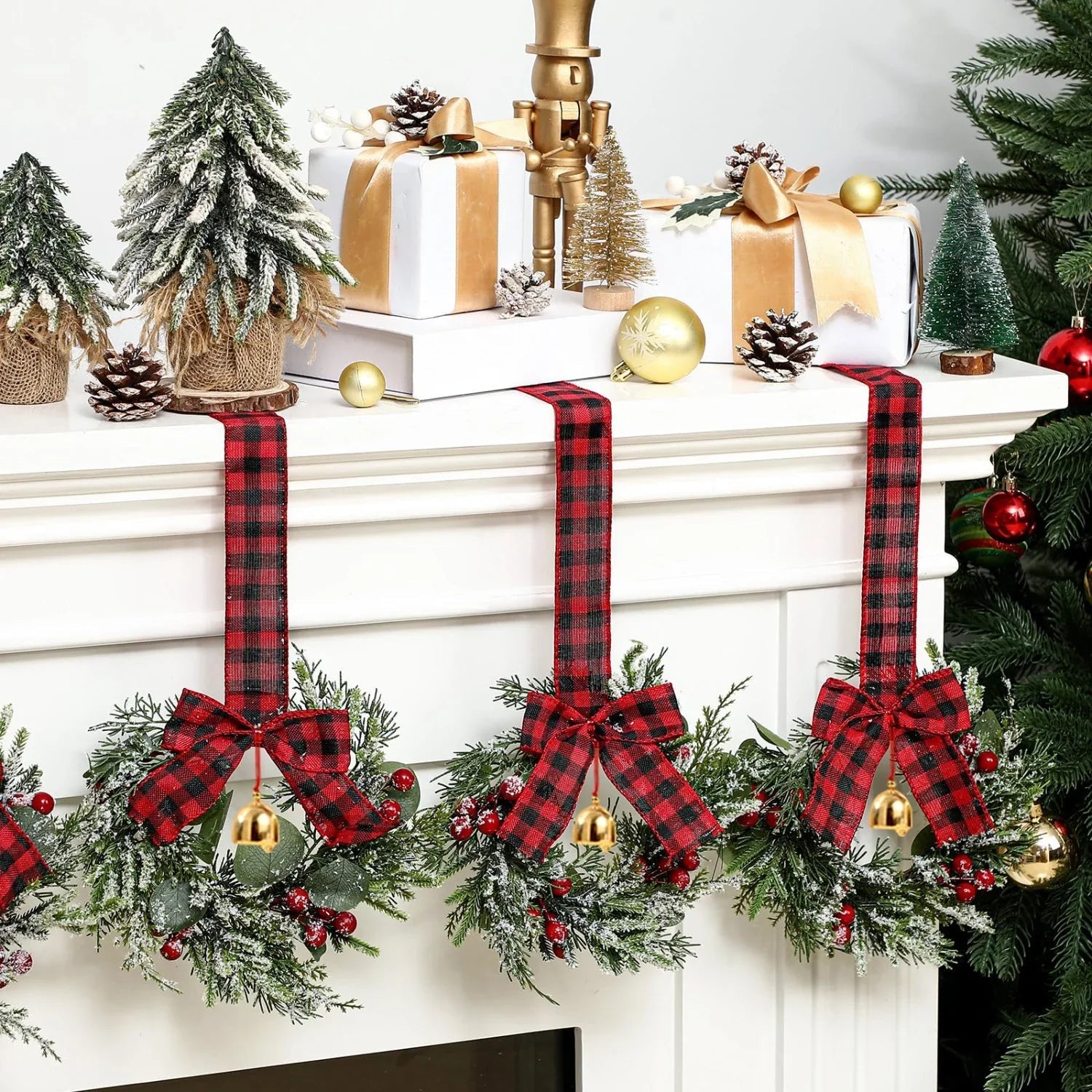 Norfolk Pine 9-Inch Mini Christmas Wreath Set with Red Berries & Plaid Bow