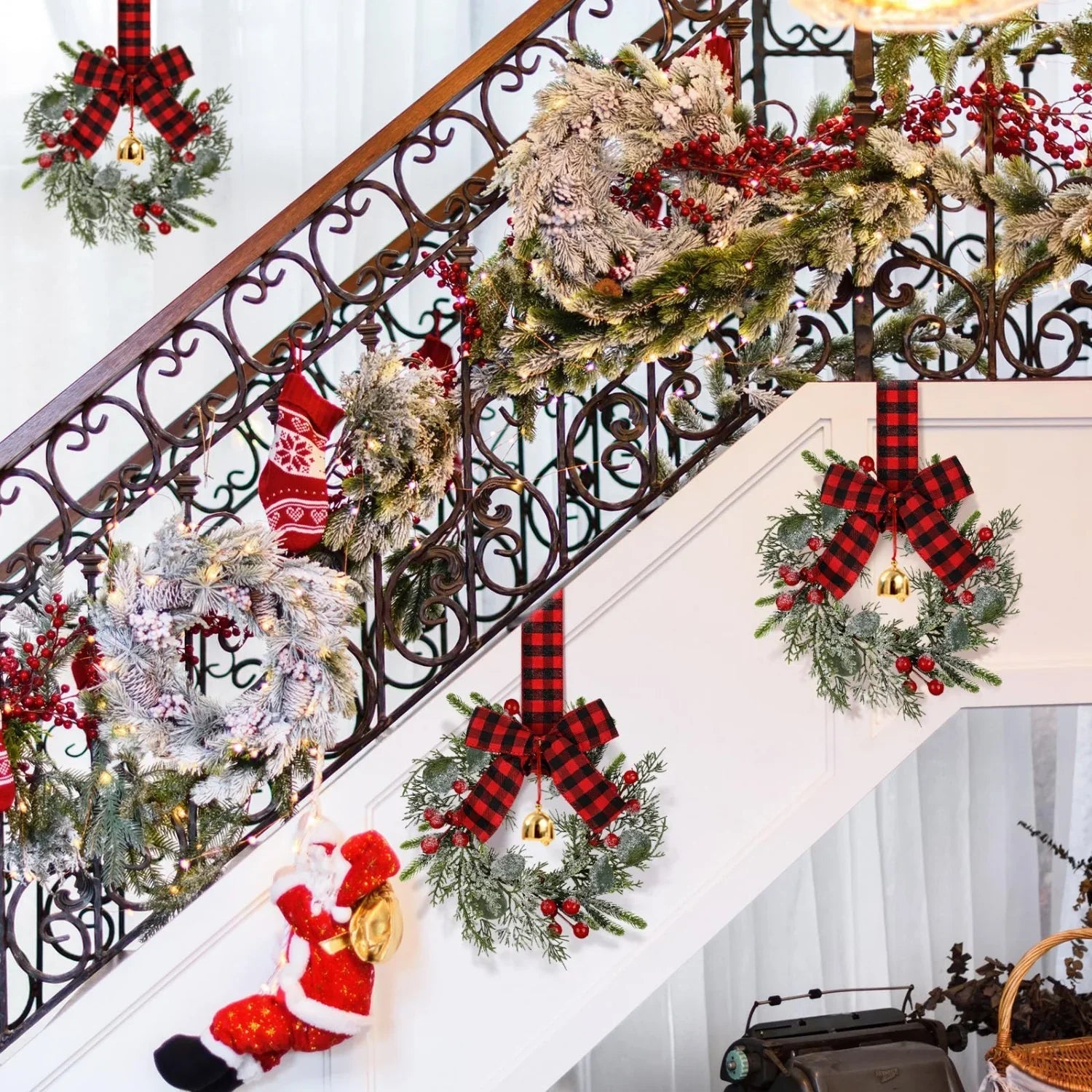 Norfolk Pine 9-Inch Mini Christmas Wreath Set with Red Berries & Plaid Bow