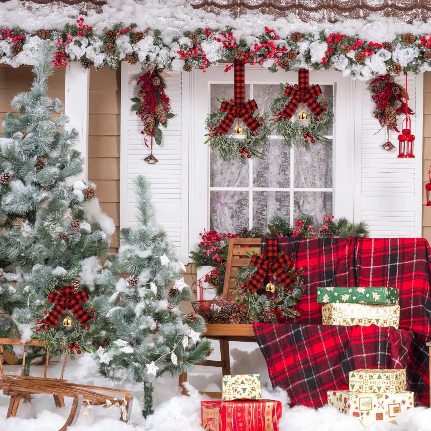 Norfolk Pine 9-Inch Mini Christmas Wreath Set with Red Berries & Plaid Bow