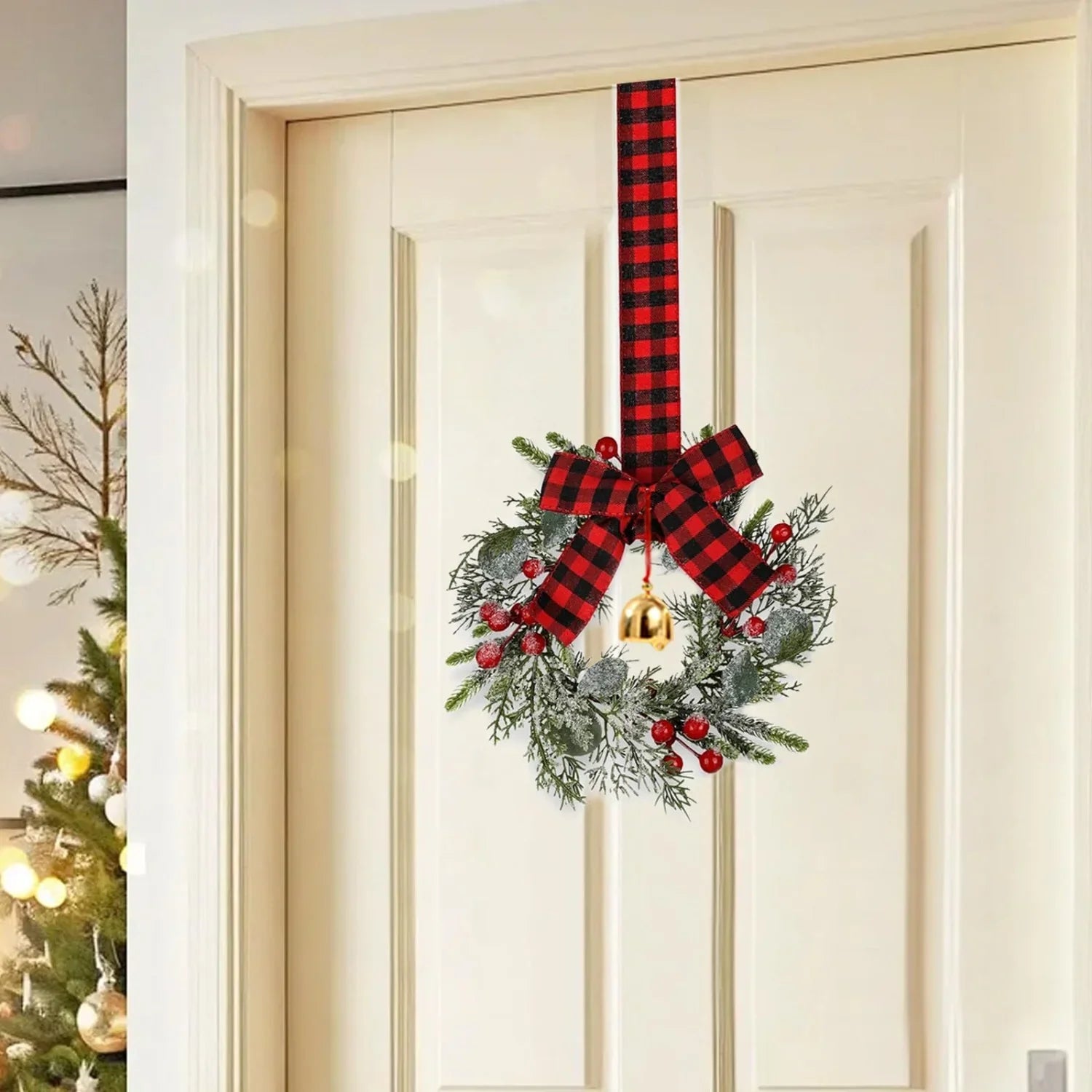 Norfolk Pine 9-Inch Mini Christmas Wreath Set with Red Berries & Plaid Bow