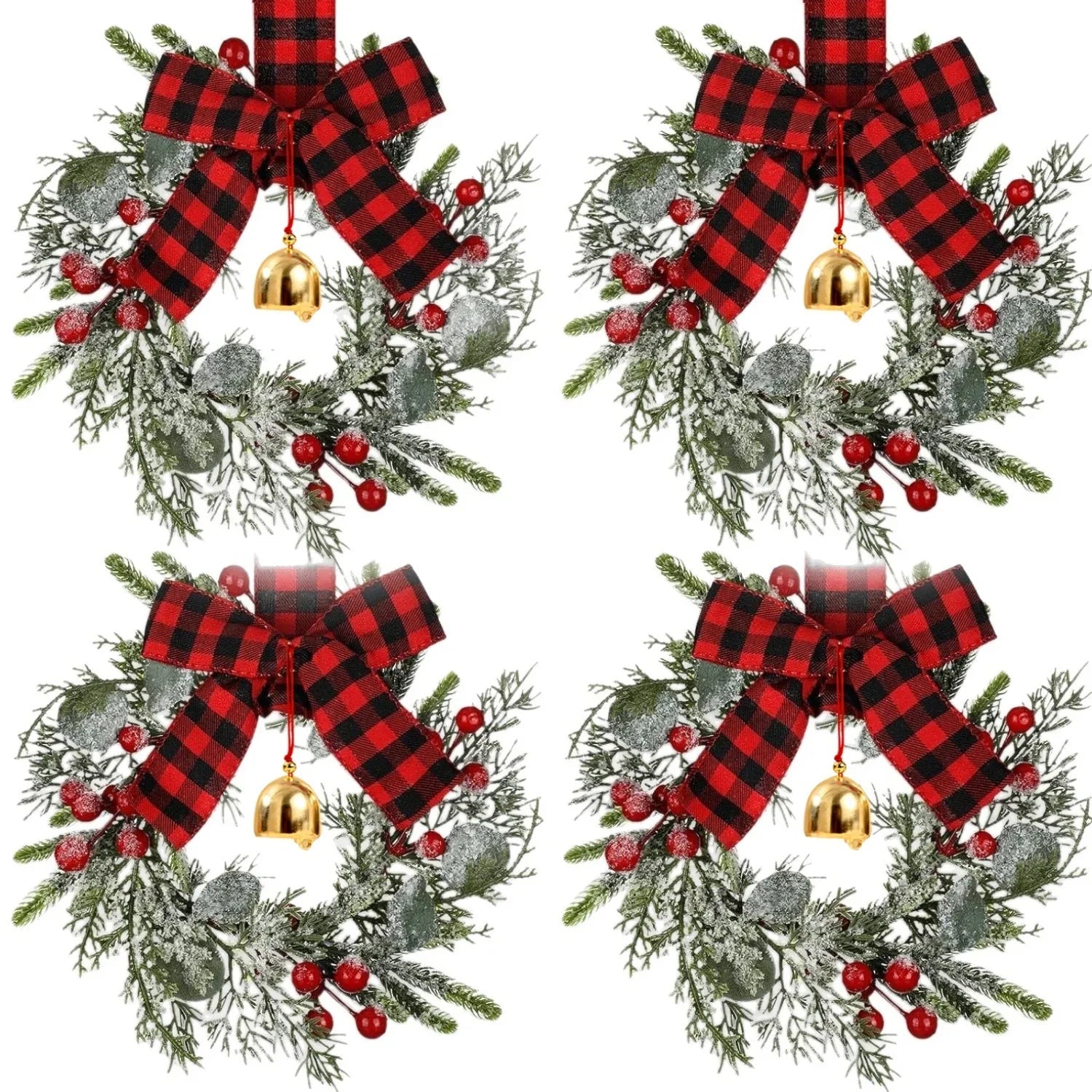 Norfolk Pine 9-Inch Mini Christmas Wreath Set with Red Berries & Plaid Bow