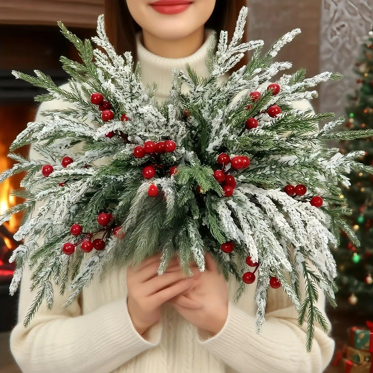 Norfolk Pine Branches - 30pcs Green with Red Berries Artificial Christmas Decor