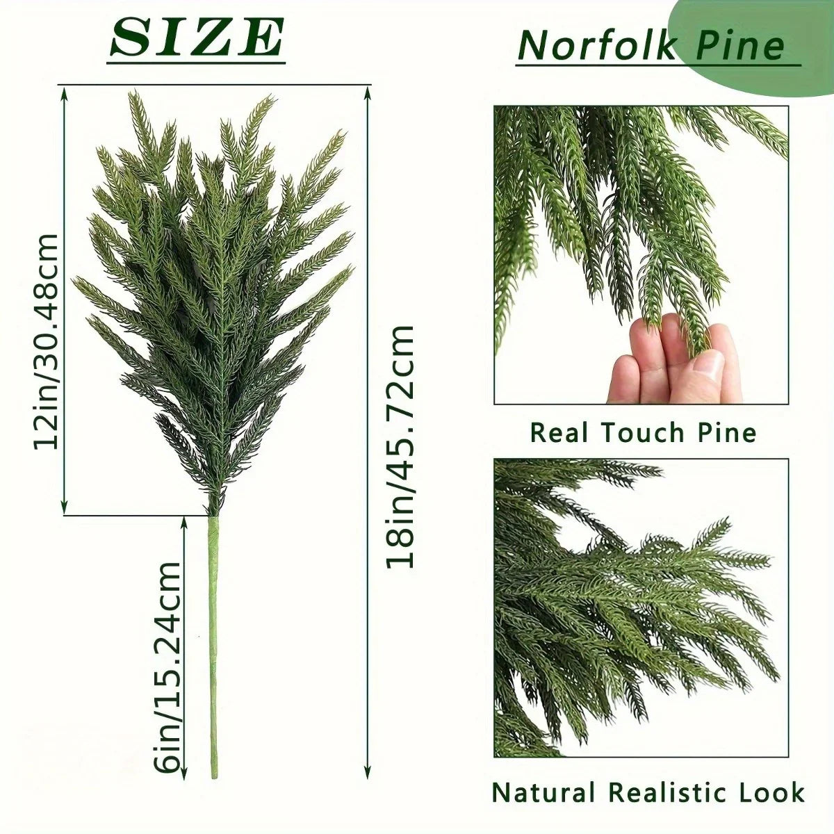 Norfolk Pine Branches, Artificial Evergreen Stems, UV-Resistant, 45.72cm