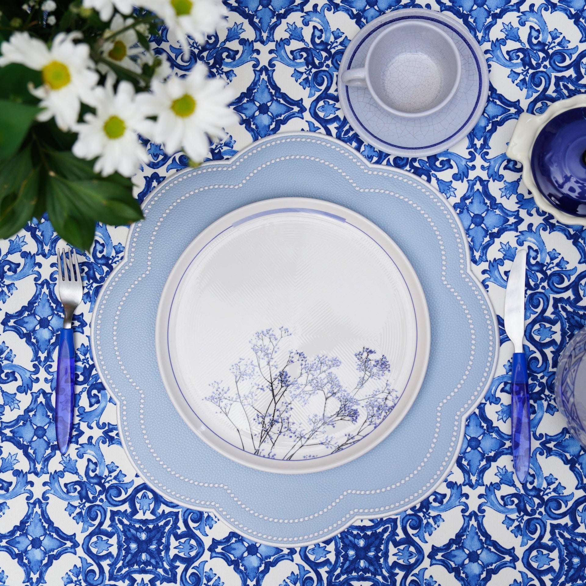 SPRING TABLE DECOR – NURTURE SKY BLUE FAUX LEATHER SCALLOPED PLACEMAT