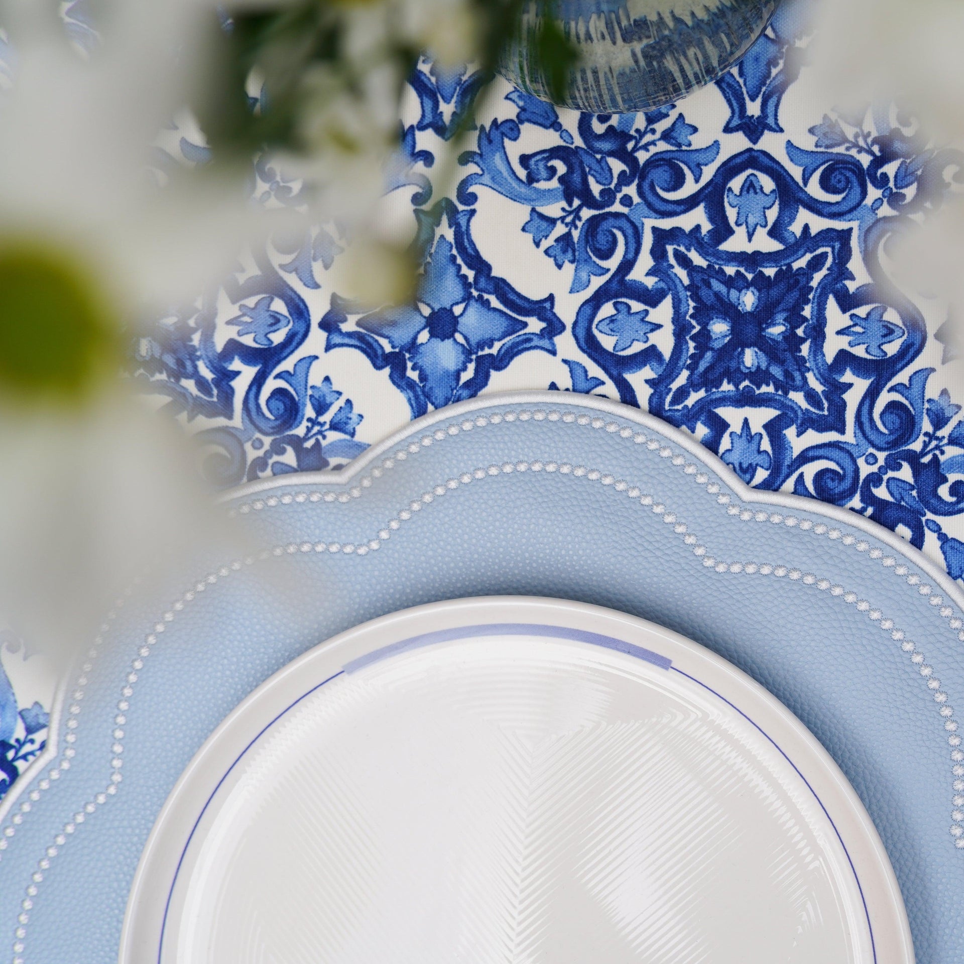 SPRING TABLE DECOR – NURTURE SKY BLUE FAUX LEATHER SCALLOPED PLACEMAT