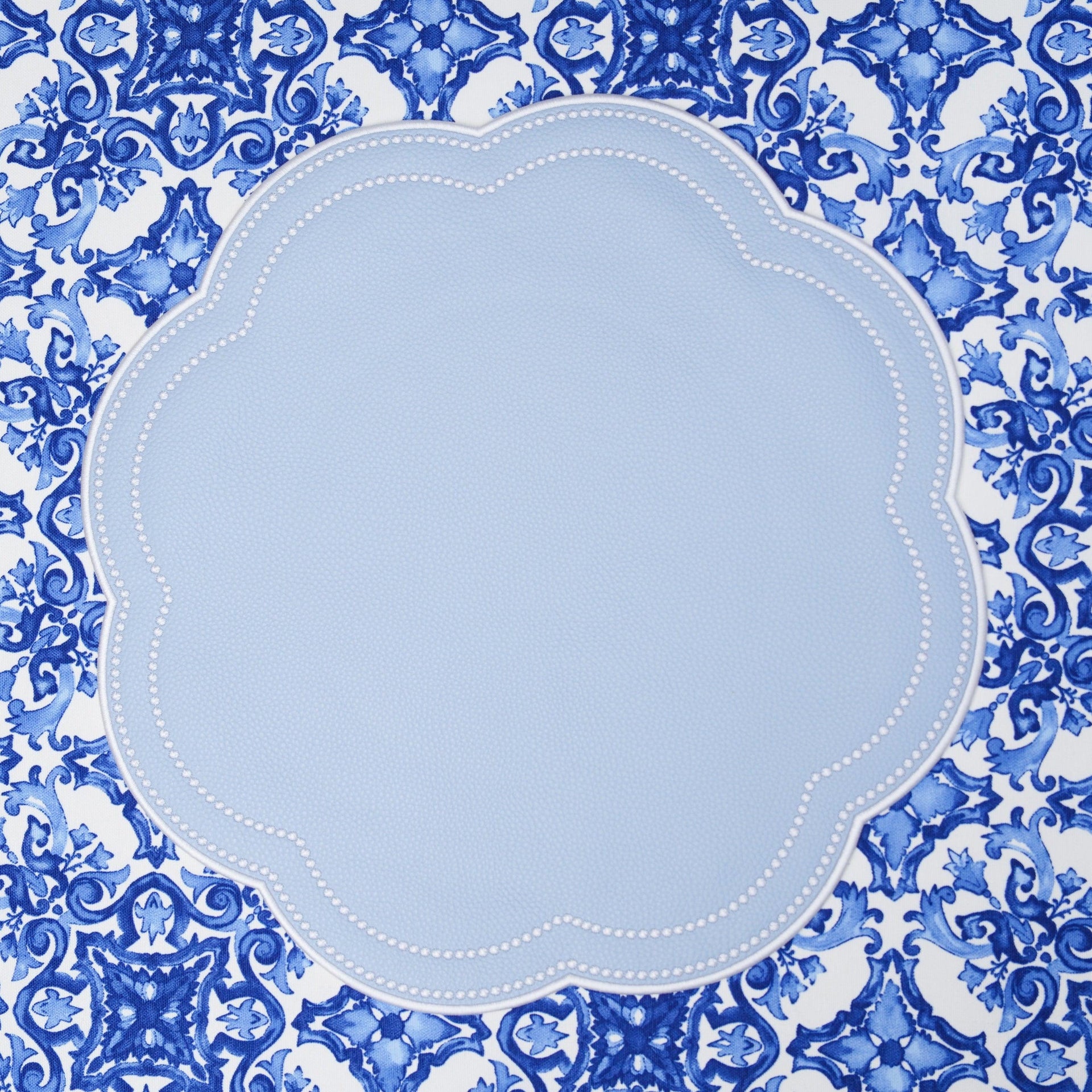 SPRING TABLE DECOR – NURTURE SKY BLUE FAUX LEATHER SCALLOPED PLACEMAT