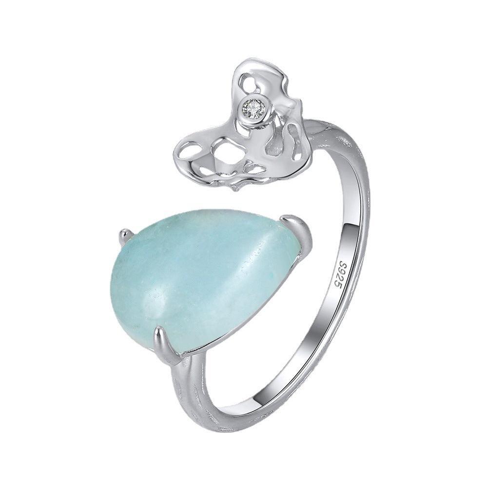 925 Sterling Silver 14K Gold Plated Ring With Waterdrop Natrural Aquamarine Gemstone