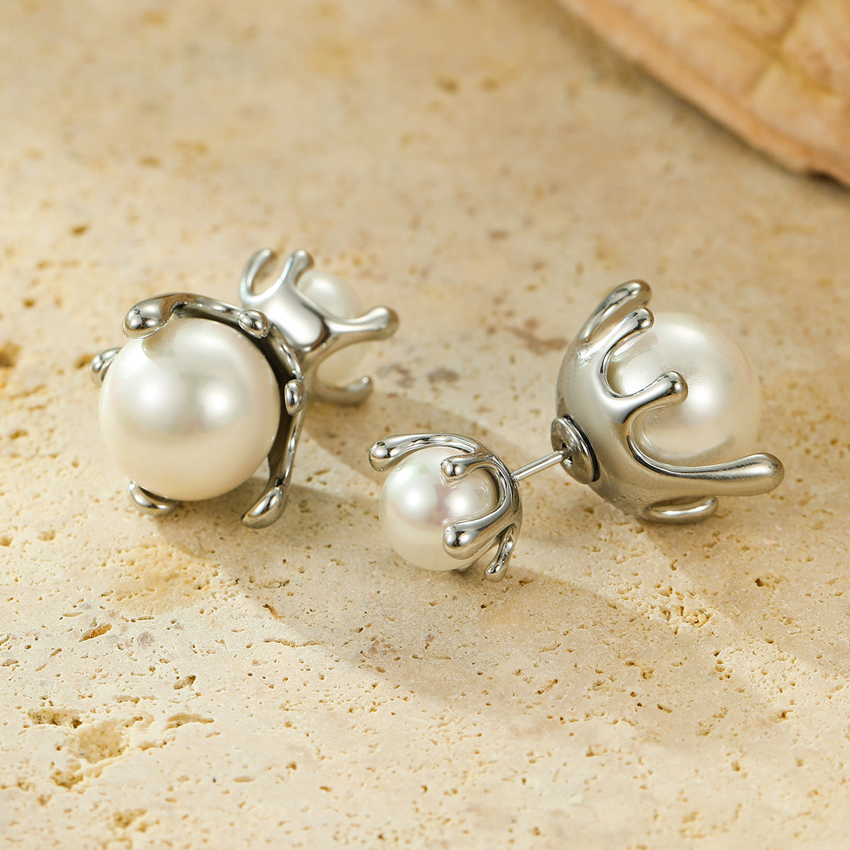 French All Matching Retro Titanium Steel One for Dual Wear Pearl Stud Earrings Personality Trend Light Luxury Earrings Women