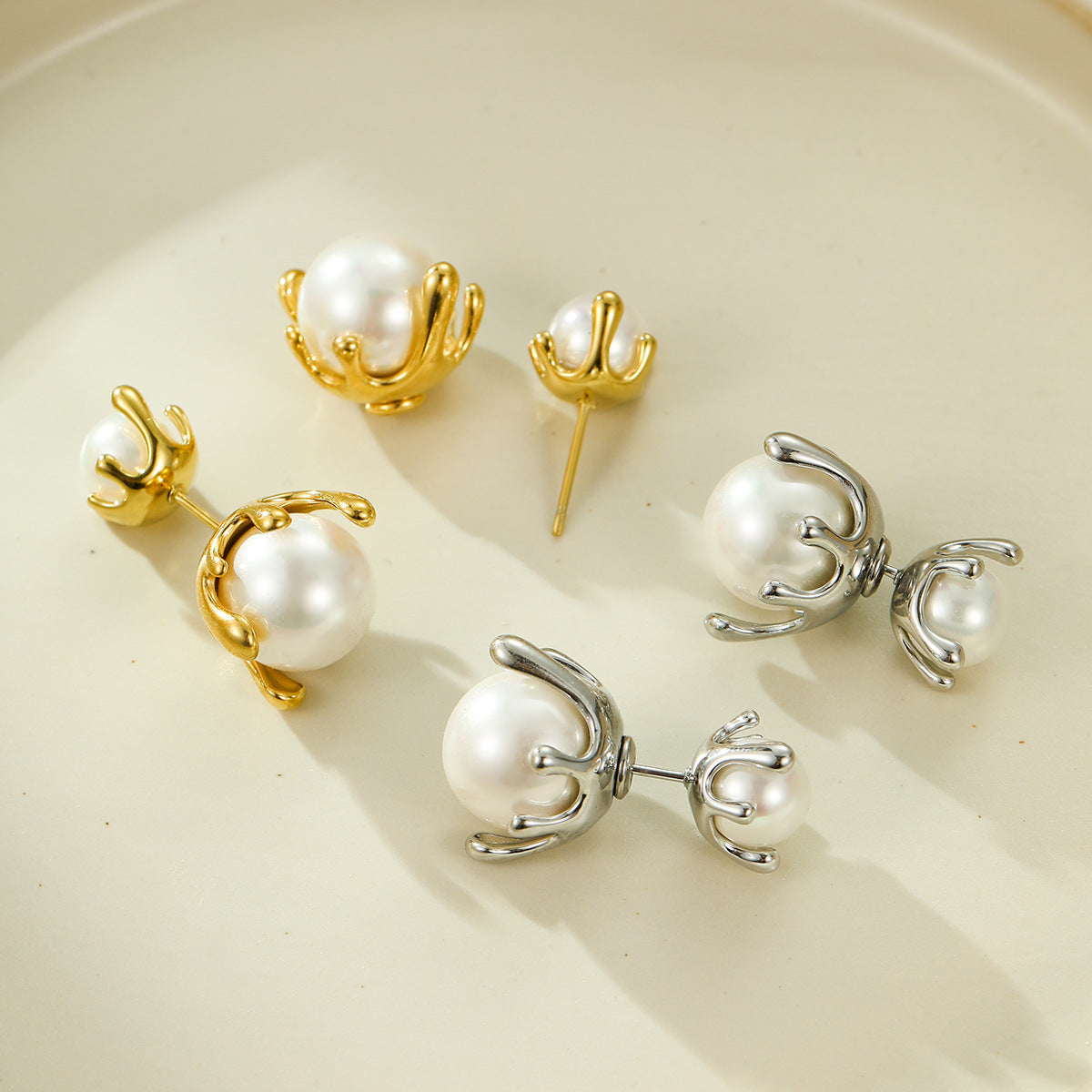 French All Matching Retro Titanium Steel One for Dual Wear Pearl Stud Earrings Personality Trend Light Luxury Earrings Women