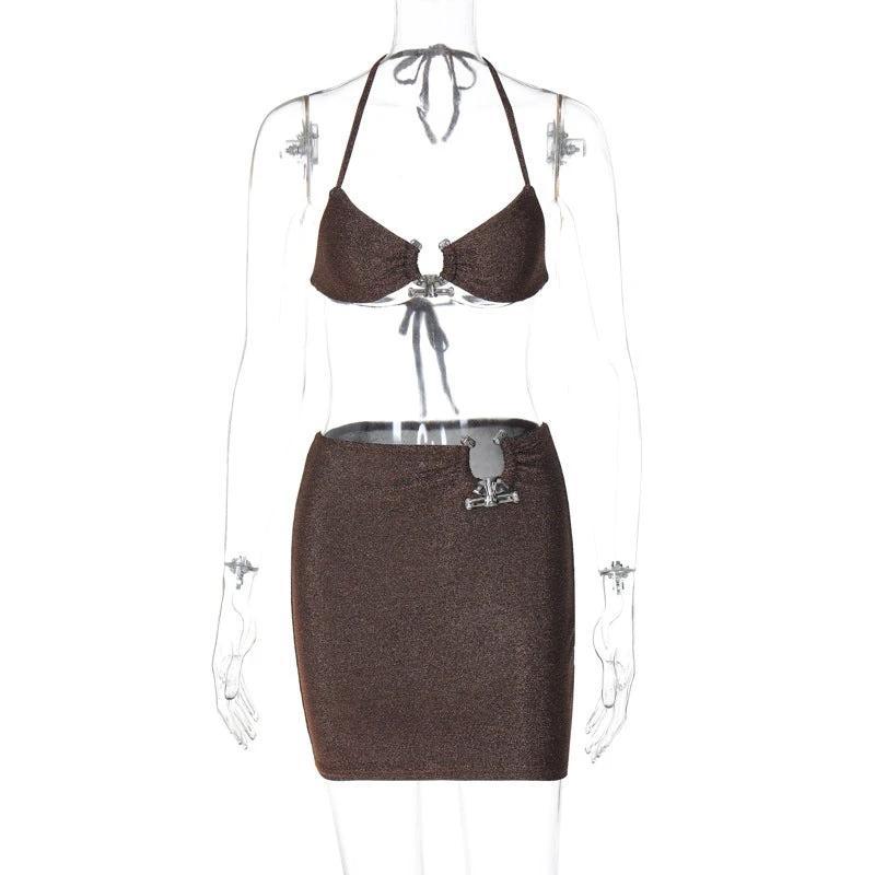 Summer New Night Club Style Sexy Lace-up Chest-wrapped Hip Skirt Two-piece Suit