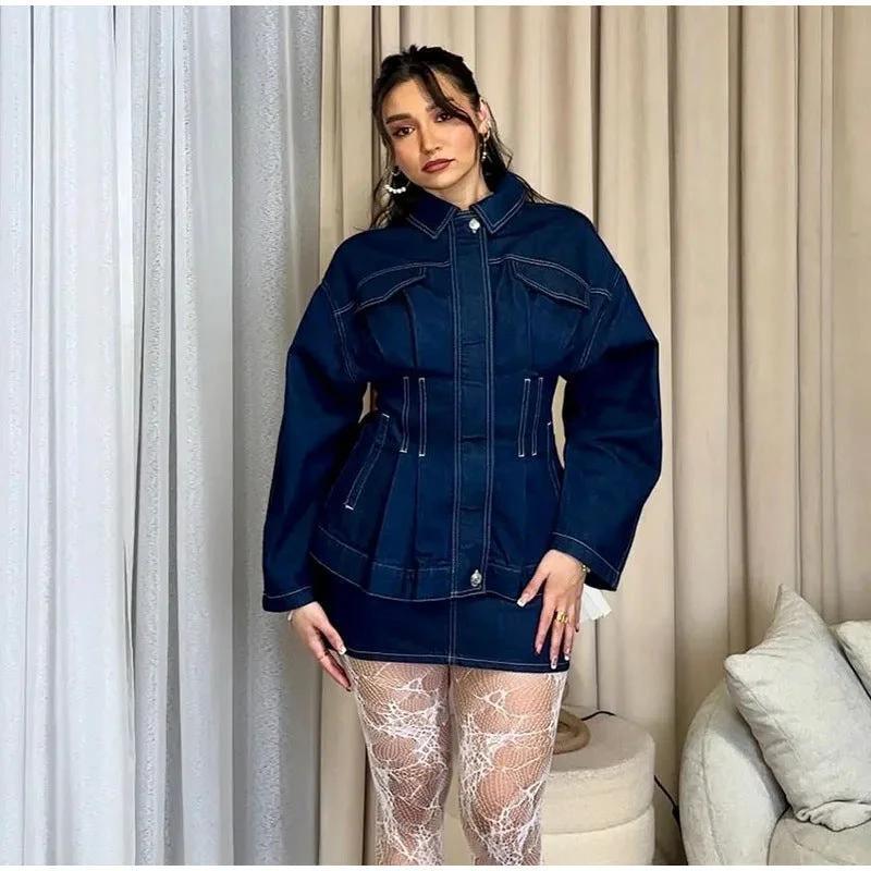 Women's Retro Washed Lapel And Waist Tight Denim Coat