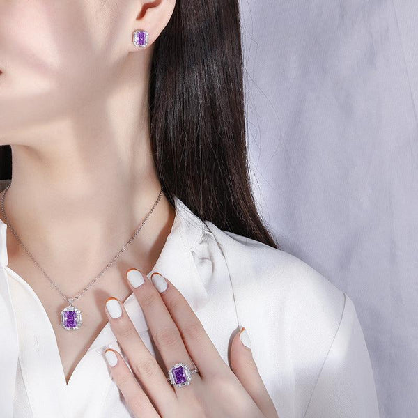 925 Sterling Silver Radiant Cut Simulated Gemstone Pendant Earrings Ring Jewelry Set