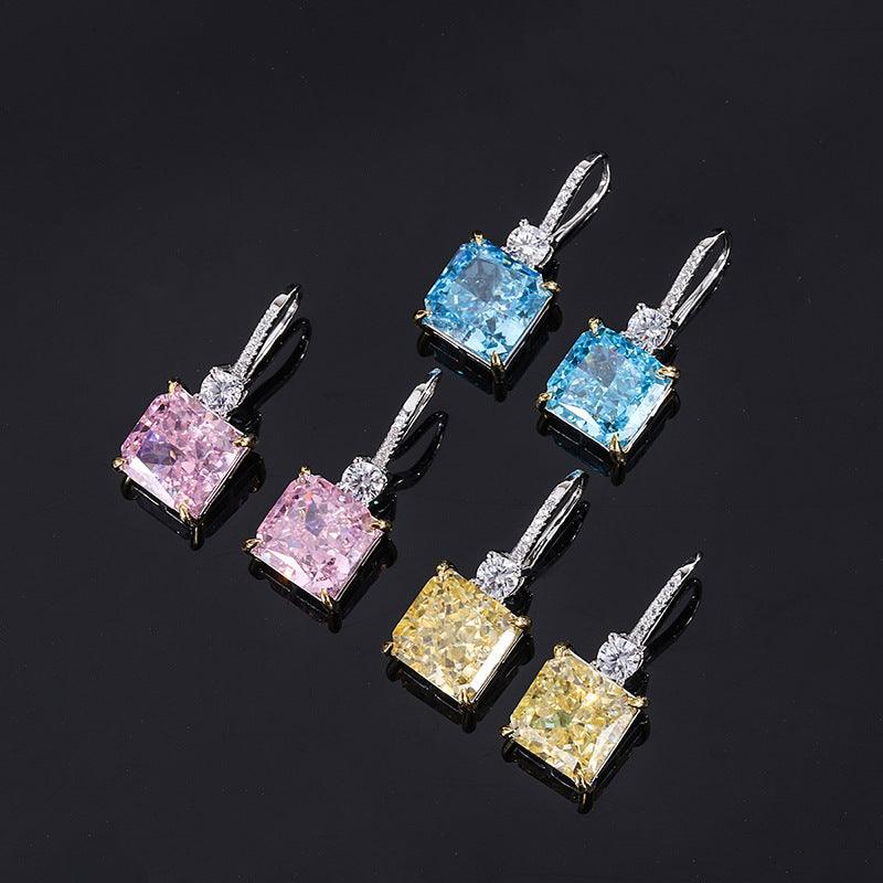 Created Diamond 925 Sterling Silver Jewelry Rydian Cut Cushion Dangle Earrings Pink Yellow Blue