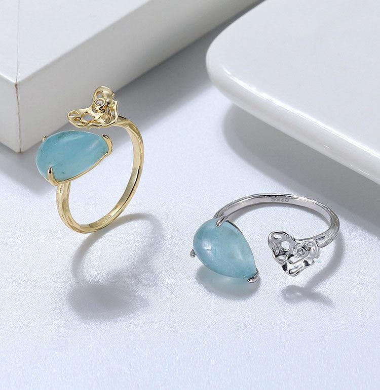 925 Sterling Silver 14K Gold Plated Ring With Waterdrop Natrural Aquamarine Gemstone