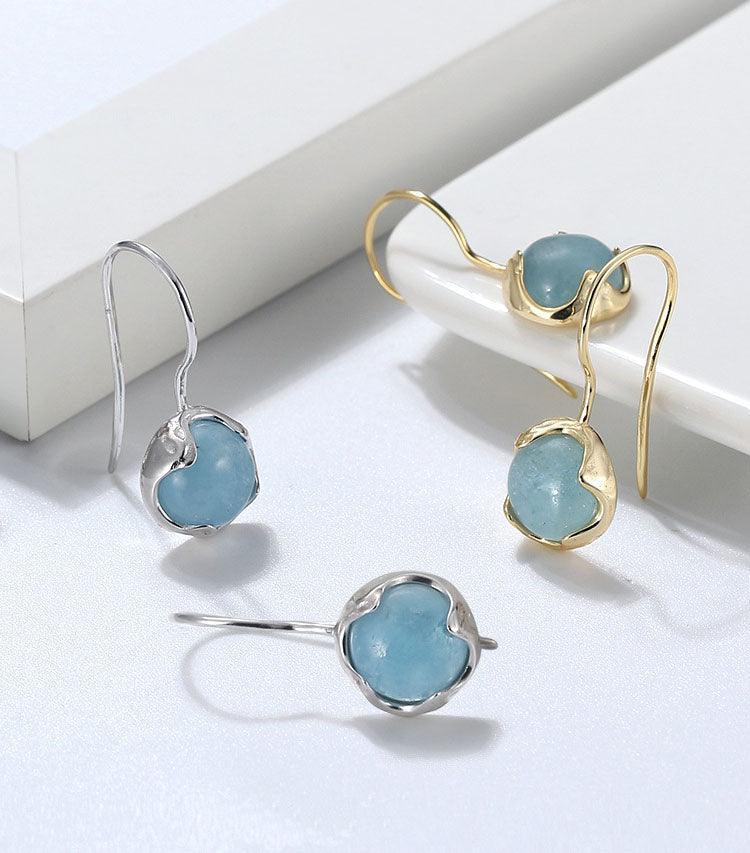 925 Sterling Silver 14K Gold Plated Natrural Aquamarine Jewellery Round Gemstone Dangle Earrings