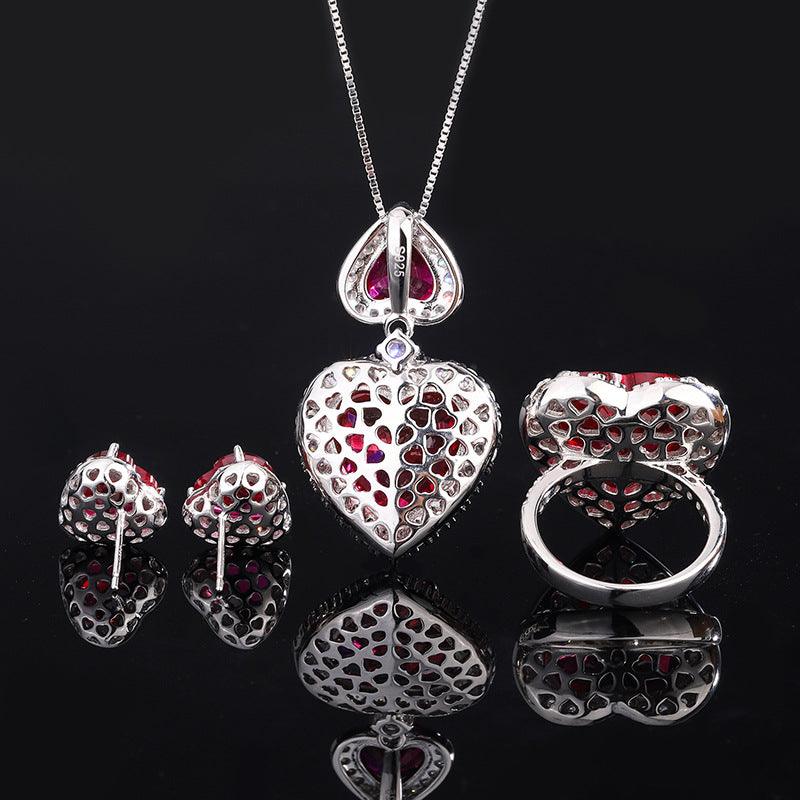 925 Sterling Silver Wedding Jewelry Set Simulated Ruby Diamonds Pendant Ring Earrings Heart