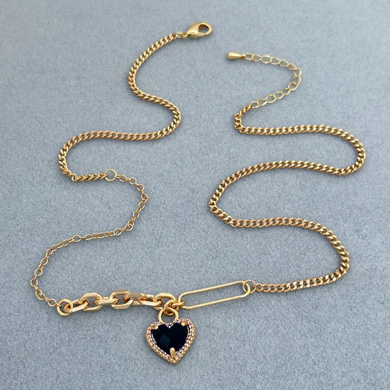 Summer Sweet Loving Heart Micro Inlaid Zircon All Match Earrings Chain Clavicle Chain Women