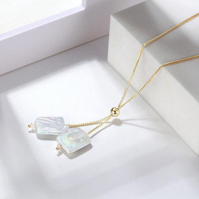 925 Sterling Silver Gold Plated Jewelry Square Baroque Pearl Chain Necklace Adjustable