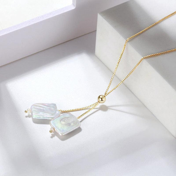 925 Sterling Silver Gold Plated Jewelry Square Baroque Pearl Chain Necklace Adjustable