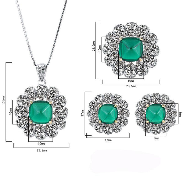 Created Emerald Jewelry Set, Fashion Wedding Bridal Silver Simulated Gemstone Pendant Necklace Ring Stud Earrings Set for Women Girl