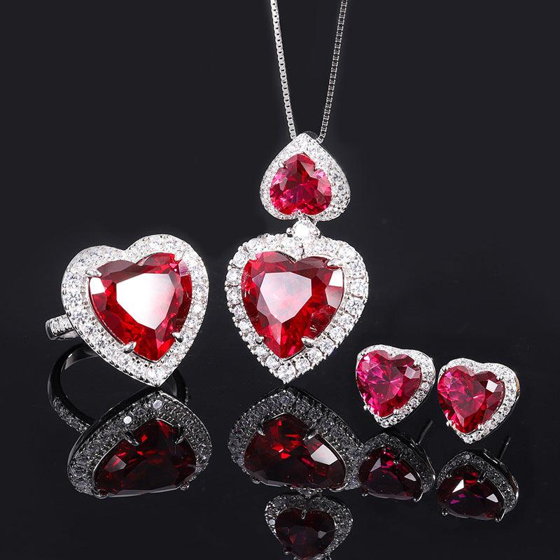 925 Sterling Silver Wedding Jewelry Set Simulated Ruby Diamonds Pendant Ring Earrings Heart
