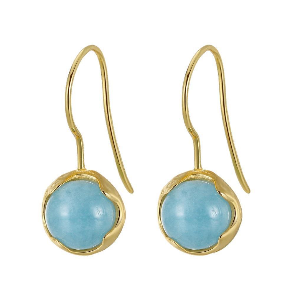 925 Sterling Silver 14K Gold Plated Natrural Aquamarine Jewellery Round Gemstone Dangle Earrings