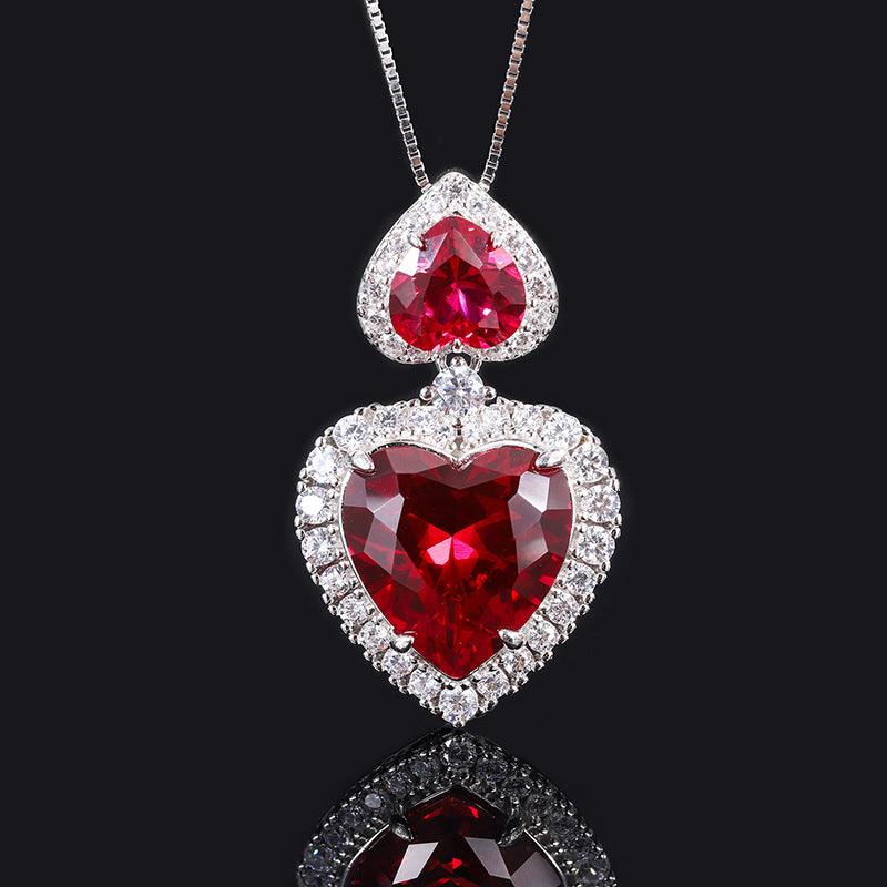 925 Sterling Silver Wedding Jewelry Set Simulated Ruby Diamonds Pendant Ring Earrings Heart