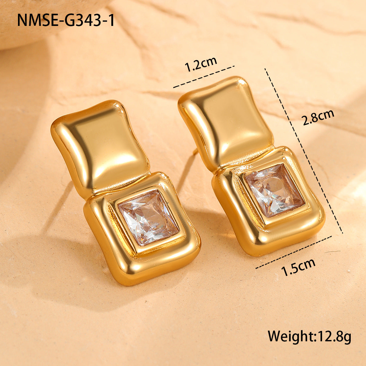 Geometric Abstract Square Crystal Sugar Large Zircon Stainless Steel Earrings Vacuum Plating 18K Gold Advanced Ear Rings