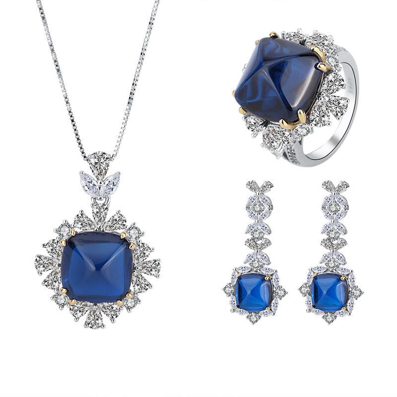 925 Sterling Silver Wedding Engagement Jewellery Set Created Blue Sapphire Pendant Ring Earrings