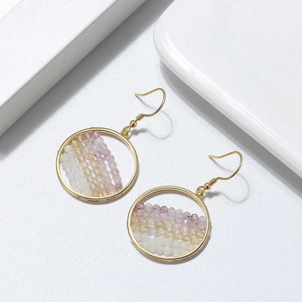 925 Sterling Silver With Natural Strawberry Quartz Citrine Crystal Moonstone Beads Hoop Earrings