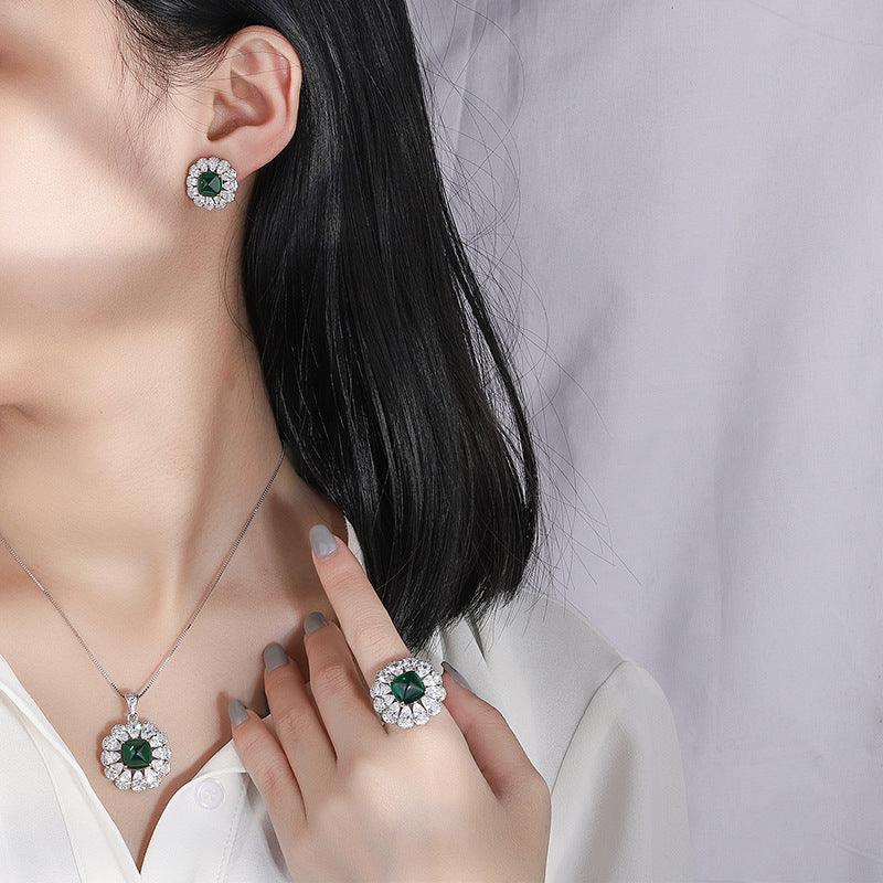 Created Emerald Jewelry Set, Fashion Wedding Bridal Silver Simulated Gemstone Pendant Necklace Ring Stud Earrings Set for Women Girl