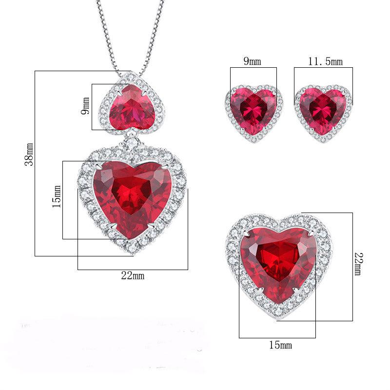 925 Sterling Silver Wedding Jewelry Set Simulated Ruby Diamonds Pendant Ring Earrings Heart