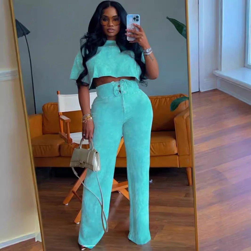 Leisure Commuter Daily Tie-dyed Short Women's Round Neck Top Lace-up Two-piece Pants