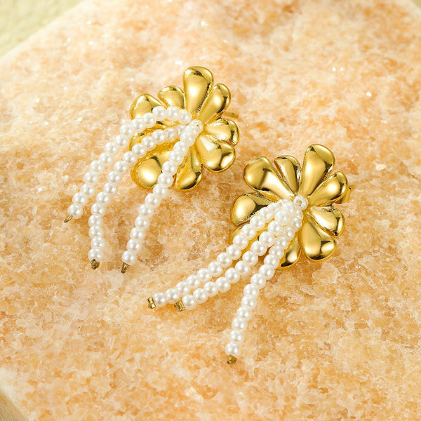 All Match Fashionable Stainless Steel Floral Pearl Tassel Titanium Steel Gold Plated Stud Earrings for Women