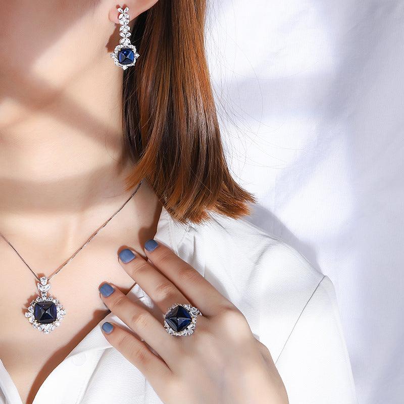 925 Sterling Silver Wedding Engagement Jewellery Set Created Blue Sapphire Pendant Ring Earrings