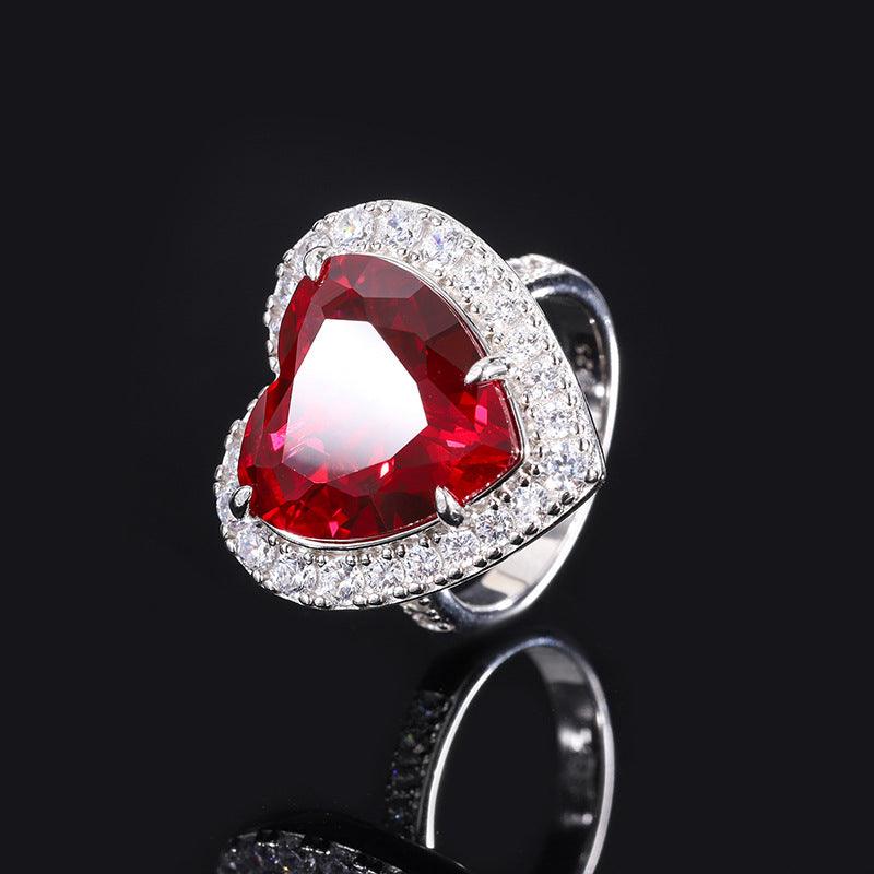 925 Sterling Silver Wedding Jewelry Set Simulated Ruby Diamonds Pendant Ring Earrings Heart