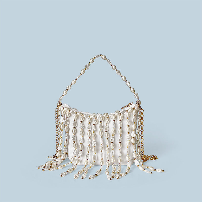 Chinese Bag Vintage Weave Beaded Irregular Asymmetric Pearl Bucket Silk Satin Dumpling Cocktail Underarm Crossbody Bag Wanita Store
