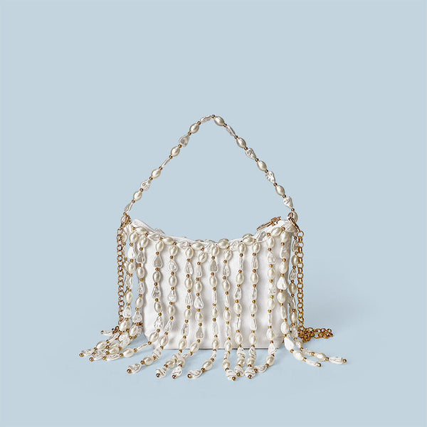Chinese Bag Vintage Weave Beaded Irregular Asymmetric Pearl Bucket Silk Satin Dumpling Cocktail Underarm Crossbody Bag Wanita Store
