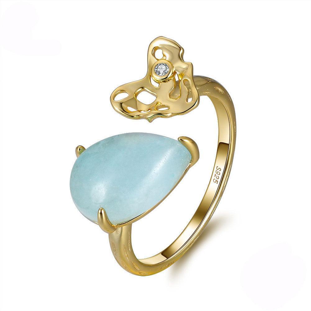 925 Sterling Silver 14K Gold Plated Ring With Waterdrop Natrural Aquamarine Gemstone
