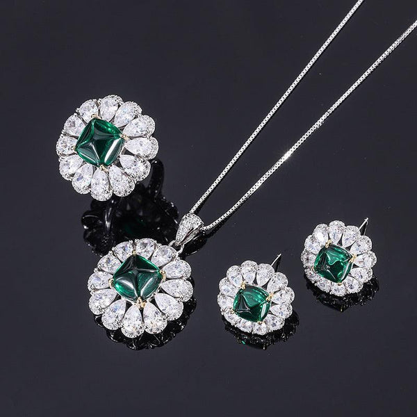 Created Emerald Jewelry Set, Fashion Wedding Bridal Silver Simulated Gemstone Pendant Necklace Ring Stud Earrings Set for Women Girl
