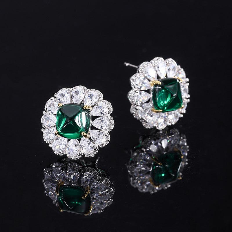 Created Emerald Jewelry Set, Fashion Wedding Bridal Silver Simulated Gemstone Pendant Necklace Ring Stud Earrings Set for Women Girl